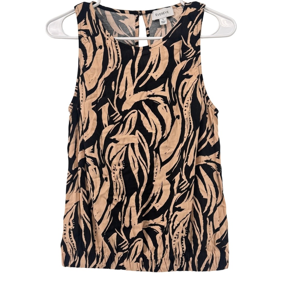 Evereve Sleeveless Abstract Print Tank Top Black Tan Elastic Hem Small
